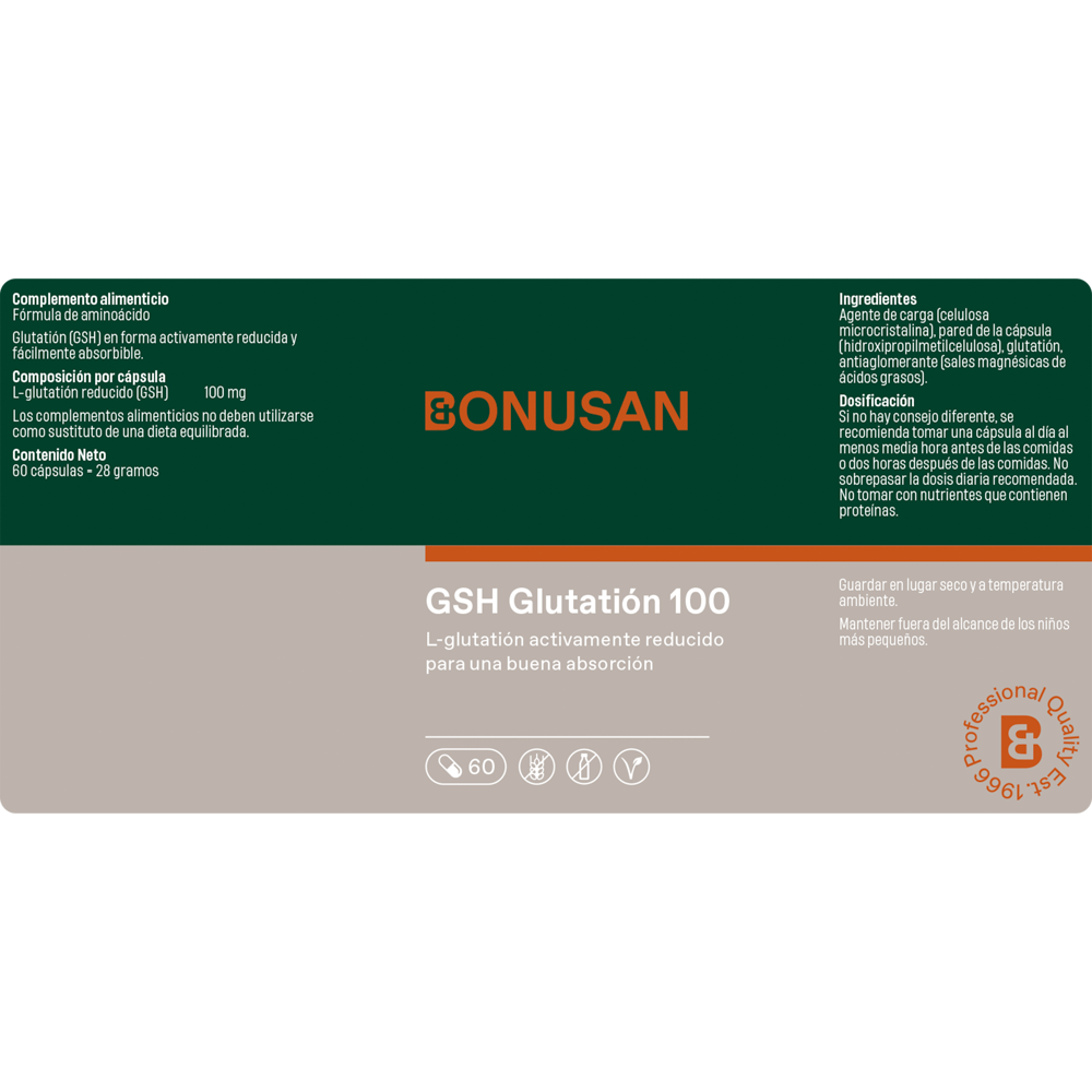 GSH Glutatin 100 | 60 Cpsulas vegetarianas | ES | 207863 | Bonusan GSH Glutatin 100 | 60 Cpsulas vegetarianas | ES | 207863 | Bonusan